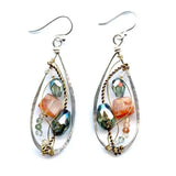 Handmade hammered sterling silver drops with green crystal, orange red rutilated quartz and green amethyst on gold filled and brass twist wires