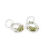Hammered sterling silver mini channel hoop earrings with green kyanite tile, prehnite, and sterling silver balls on gold filled wire on handmade sterling silver hoops hooks