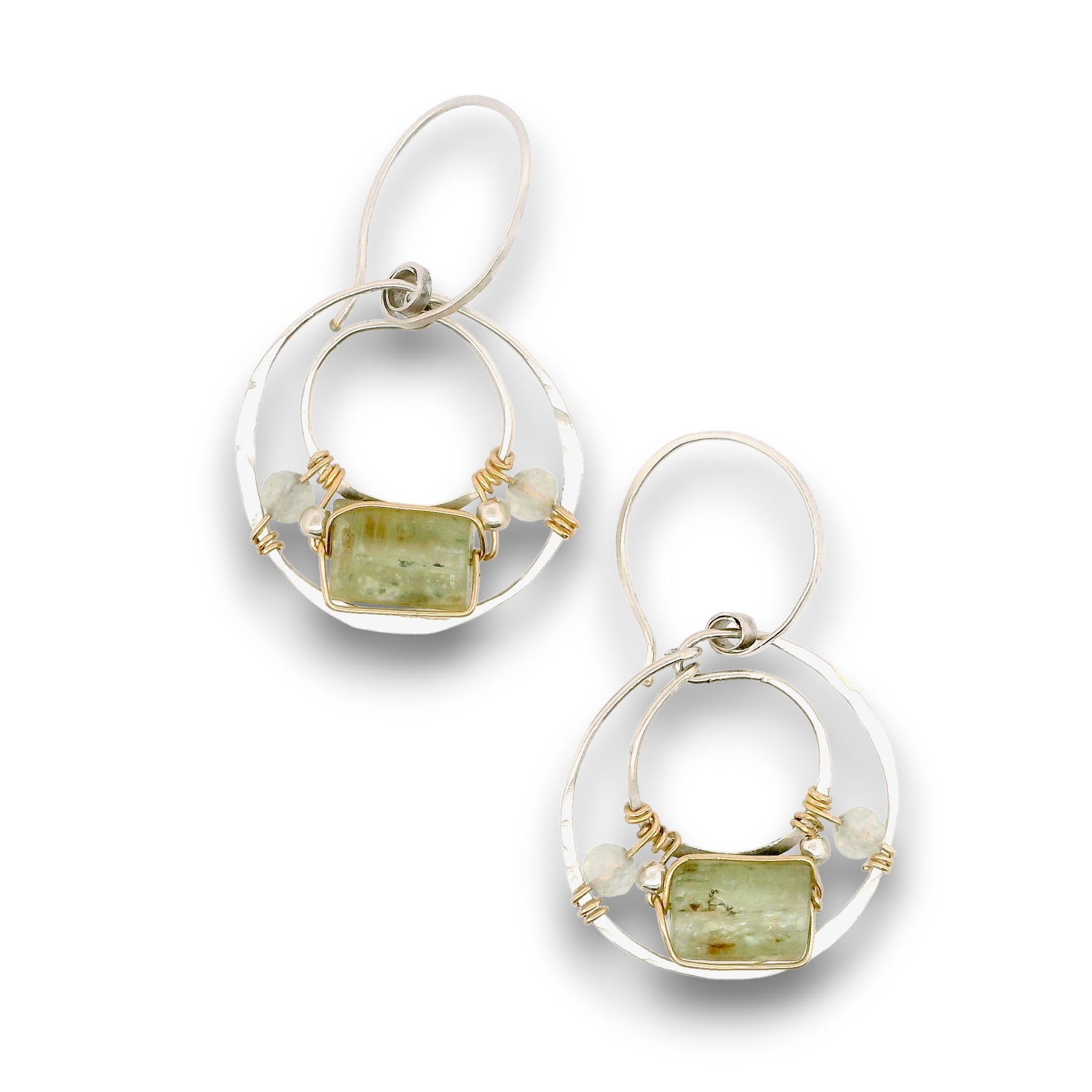 Hammered sterling silver mini channel hoop earrings with green kyanite tile, prehnite, and sterling silver balls on gold filled wire on handmade sterling silver hoops hooks