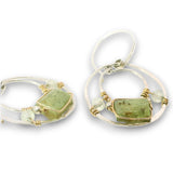Hammered sterling silver mini channel hoop earrings with green kyanite tile, prehnite, and sterling silver balls on gold filled wire on handmade sterling silver hoops hooks