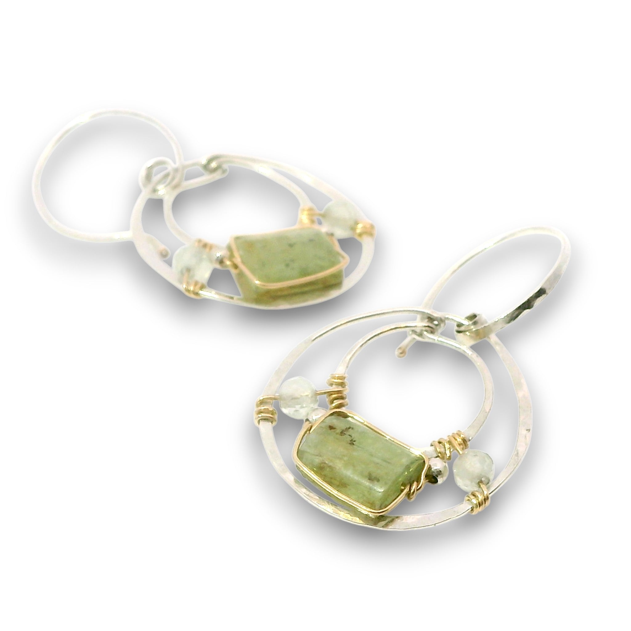 Hammered sterling silver mini channel hoop earrings with green kyanite tile, prehnite, and sterling silver balls on gold filled wire on handmade sterling silver hoops hooks