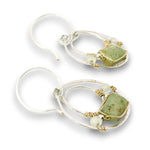 Hammered sterling silver mini channel hoop earrings with green kyanite tile, prehnite, and sterling silver balls on gold filled wire on handmade sterling silver hoops hooks