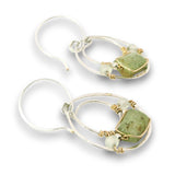 Hammered sterling silver mini channel hoop earrings with green kyanite tile, prehnite, and sterling silver balls on gold filled wire on handmade sterling silver hoops hooks