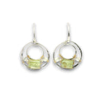 Hammered sterling silver mini channel hoop earrings with green kyanite tile, prehnite, and sterling silver balls on gold filled wire on handmade sterling silver hoops hooks