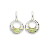 Hammered sterling silver mini channel hoop earrings with green kyanite tile, prehnite, and sterling silver balls on gold filled wire on handmade sterling silver hoops hooks