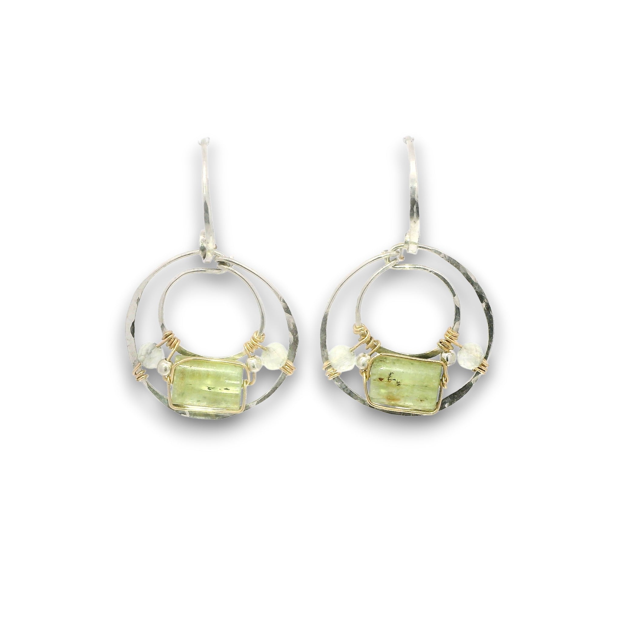 Hammered sterling silver mini channel hoop earrings with green kyanite tile, prehnite, and sterling silver balls on gold filled wire on handmade sterling silver hoops hooks