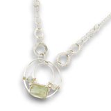 Sterling silver channel hoop pendant with green kyanite, sterling silver beds, and prehnite gemstones, featuring a textured sterling chain and delicate chain necklace