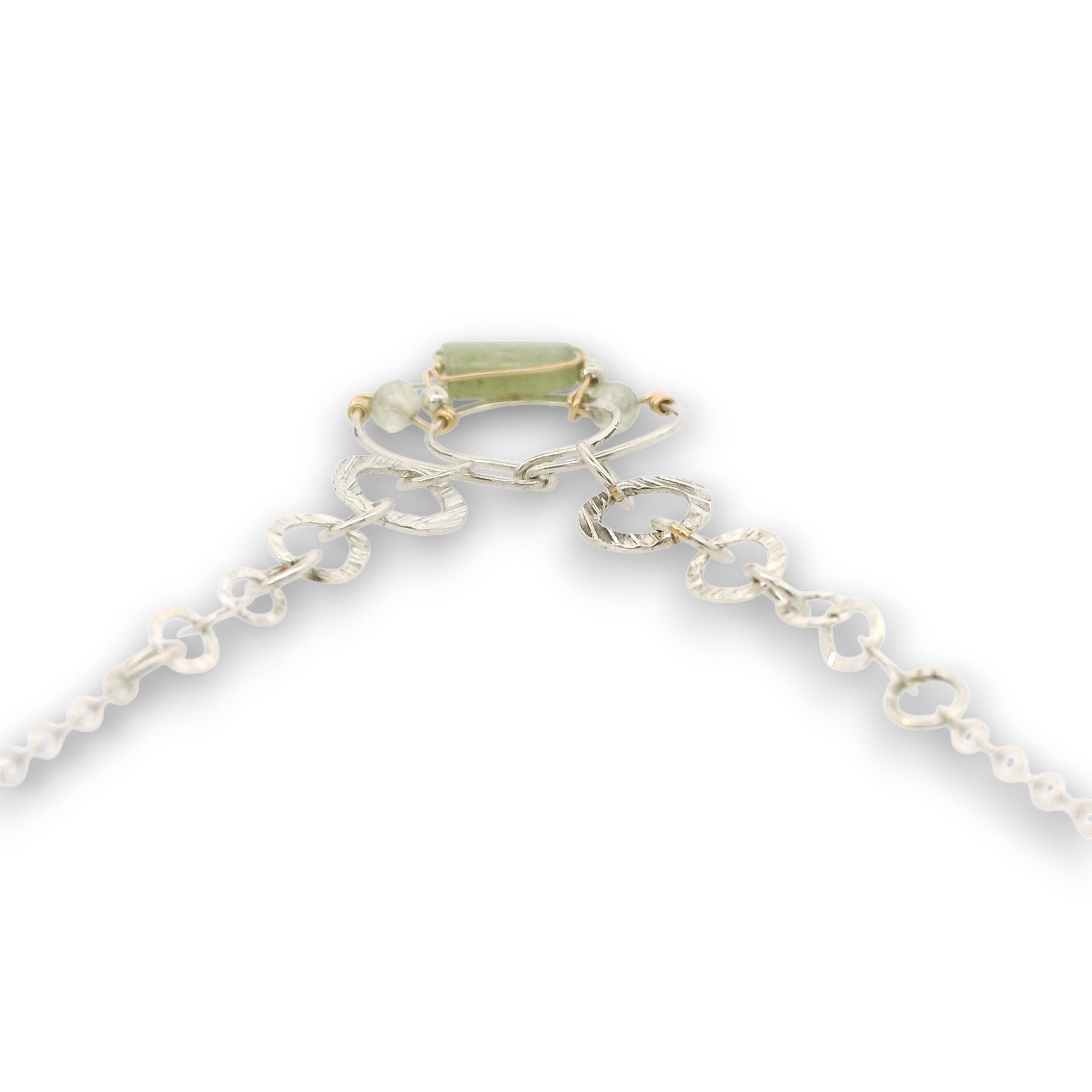 Sterling silver channel hoop pendant with green kyanite, sterling silver beds, and prehnite gemstones, featuring a textured sterling chain and delicate chain necklace