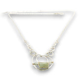 Sterling silver channel hoop pendant with green kyanite, sterling silver beds, and prehnite gemstones, featuring a textured sterling chain and delicate chain necklace