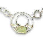 Sterling silver channel hoop pendant with green kyanite, sterling silver beds, and prehnite gemstones, featuring a textured sterling chain and delicate chain necklace
