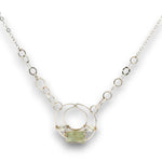 Sterling silver channel hoop pendant with green kyanite, sterling silver beds, and prehnite gemstones, featuring a textured sterling chain and delicate chain necklace