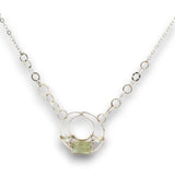 Sterling silver channel hoop pendant with green kyanite, sterling silver beds, and prehnite gemstones, featuring a textured sterling chain and delicate chain necklace