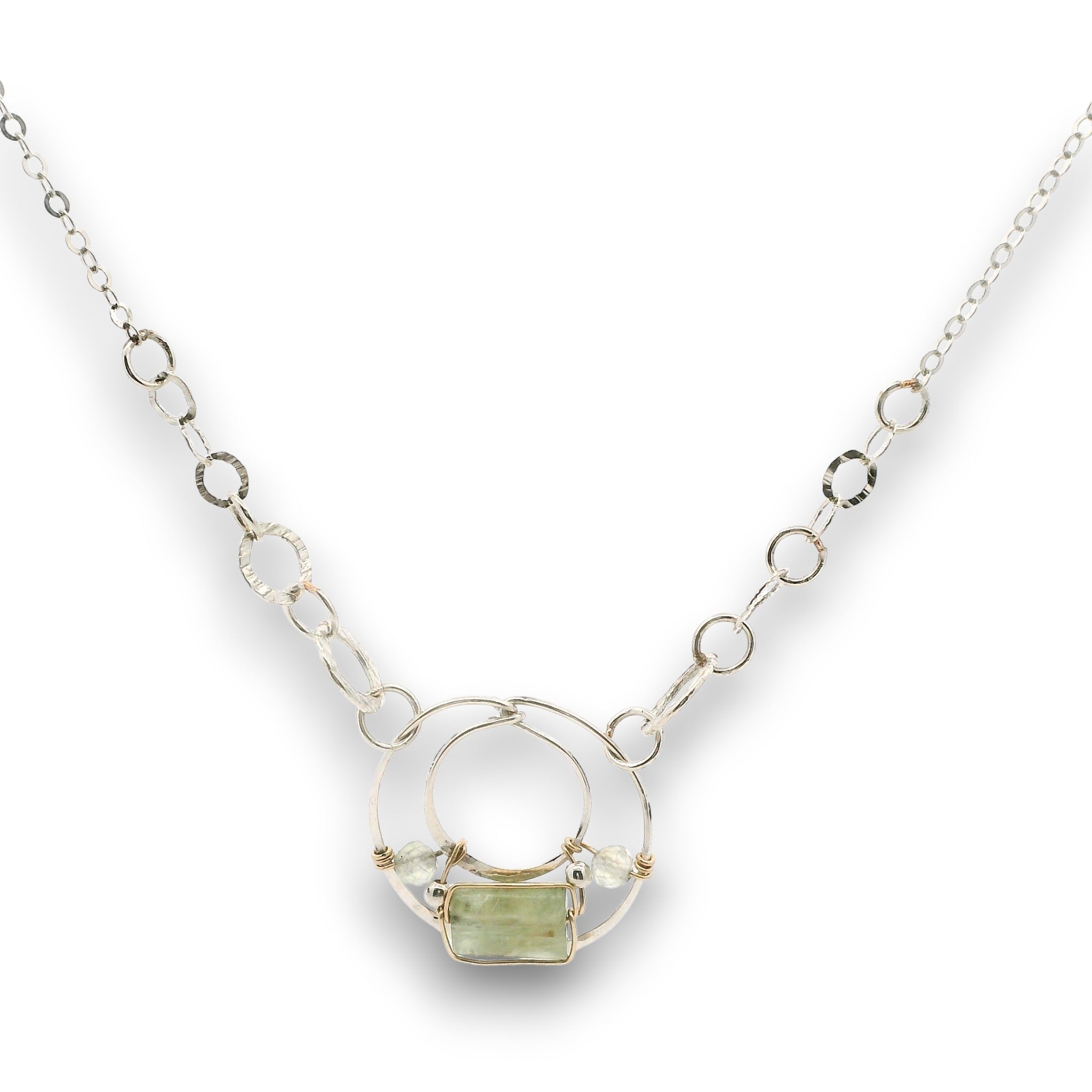 Sterling silver channel hoop pendant with green kyanite, sterling silver beds, and prehnite gemstones, featuring a textured sterling chain and delicate chain necklace