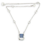 Hammered sterling silver mini box pendant with smooth blue kyanite square gemstones on sterling silver chain necklace