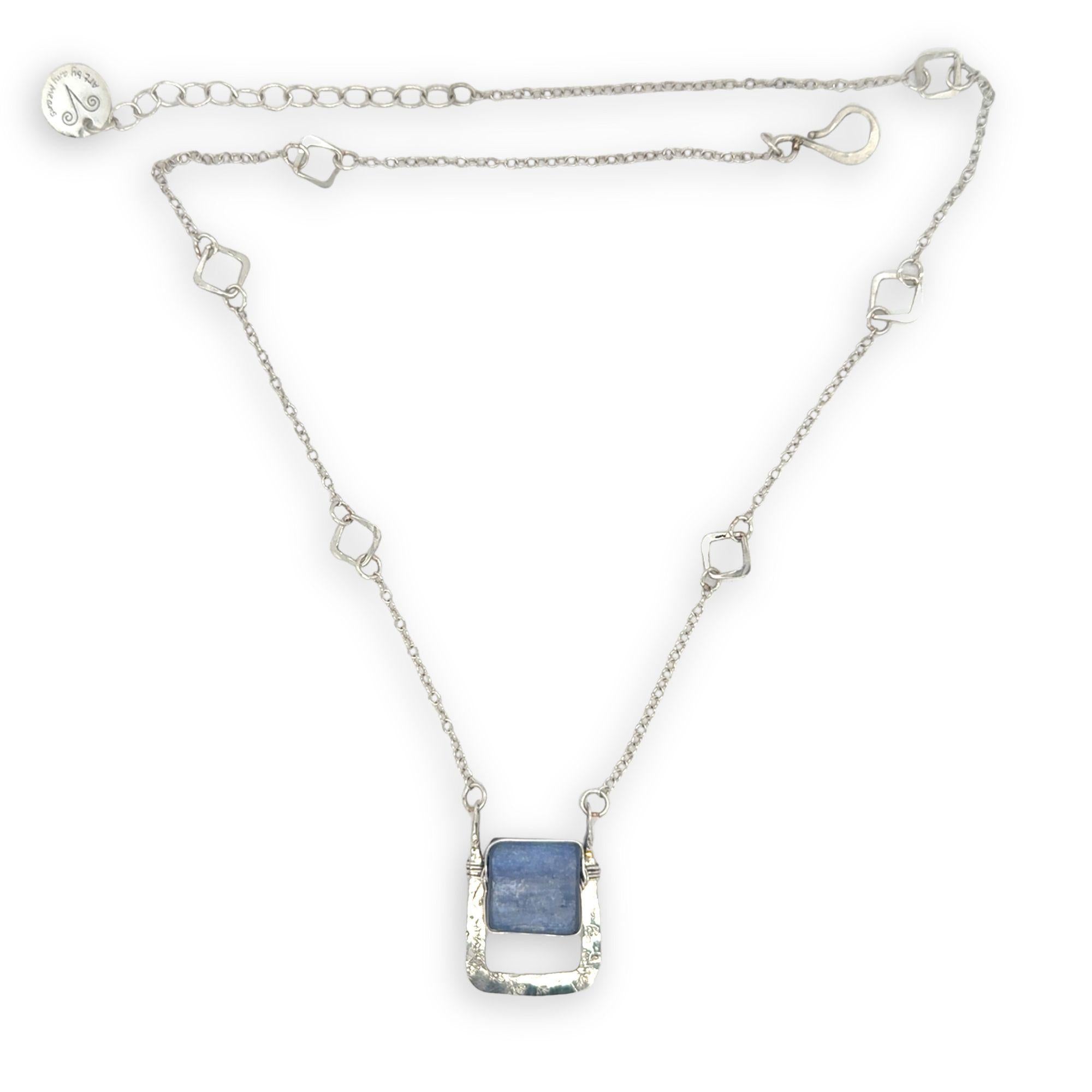 Hammered sterling silver mini box pendant with smooth blue kyanite square gemstones on sterling silver chain necklace