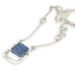 Hammered sterling silver mini box pendant with smooth blue kyanite square gemstones on sterling silver chain necklace