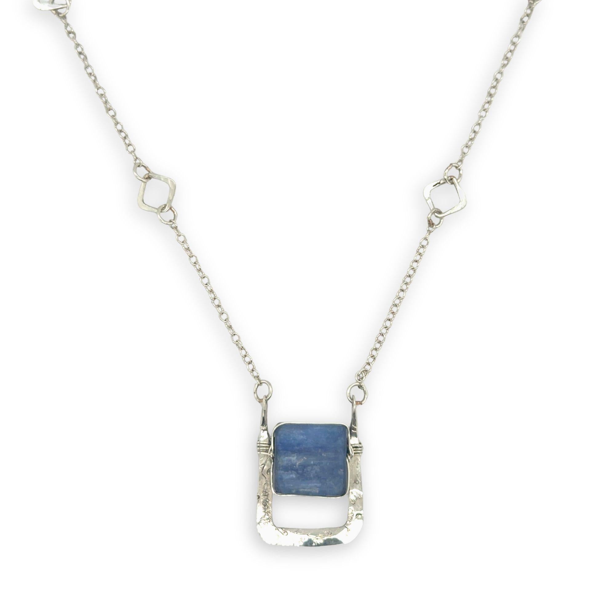Hammered sterling silver mini box pendant with smooth blue kyanite square gemstones on sterling silver chain necklace