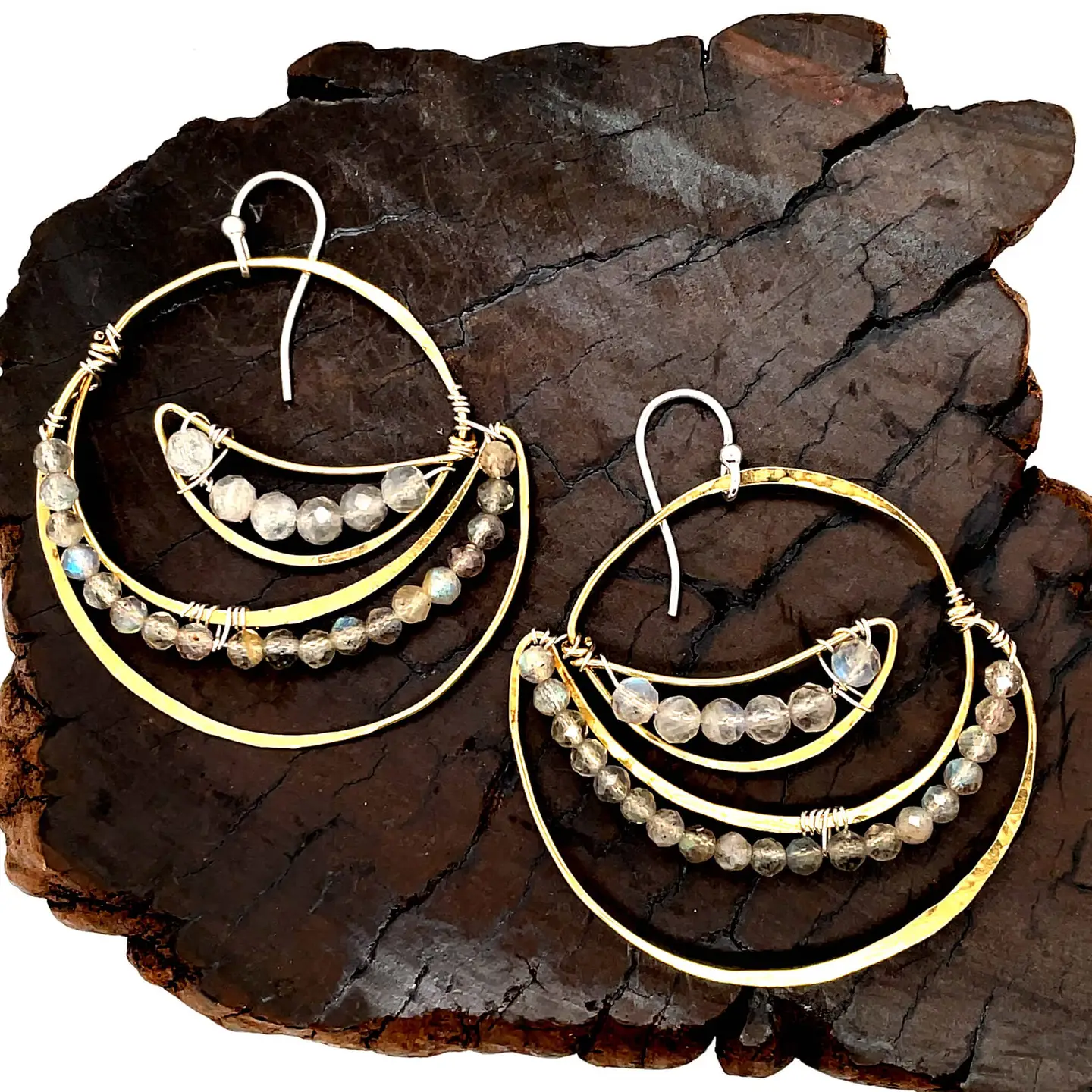 Lightweight brass handmade hammered statement hoop earrings lined with labradorite faceted gemstones