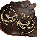 Lightweight brass handmade hammered statement hoop earrings lined with labradorite faceted gemstones
