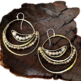 Lightweight brass handmade hammered statement hoop earrings lined with labradorite faceted gemstones