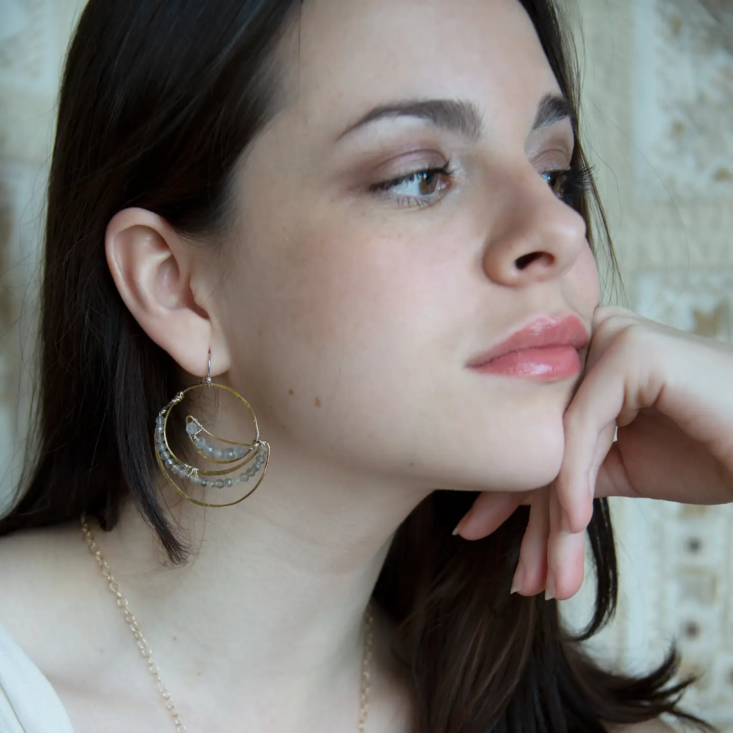Lightweight brass handmade hammered statement hoop earrings lined with labradorite faceted gemstones