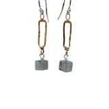 Tiny brass handmade rectangle earrings with smooth labradorite cube gemstone dangles