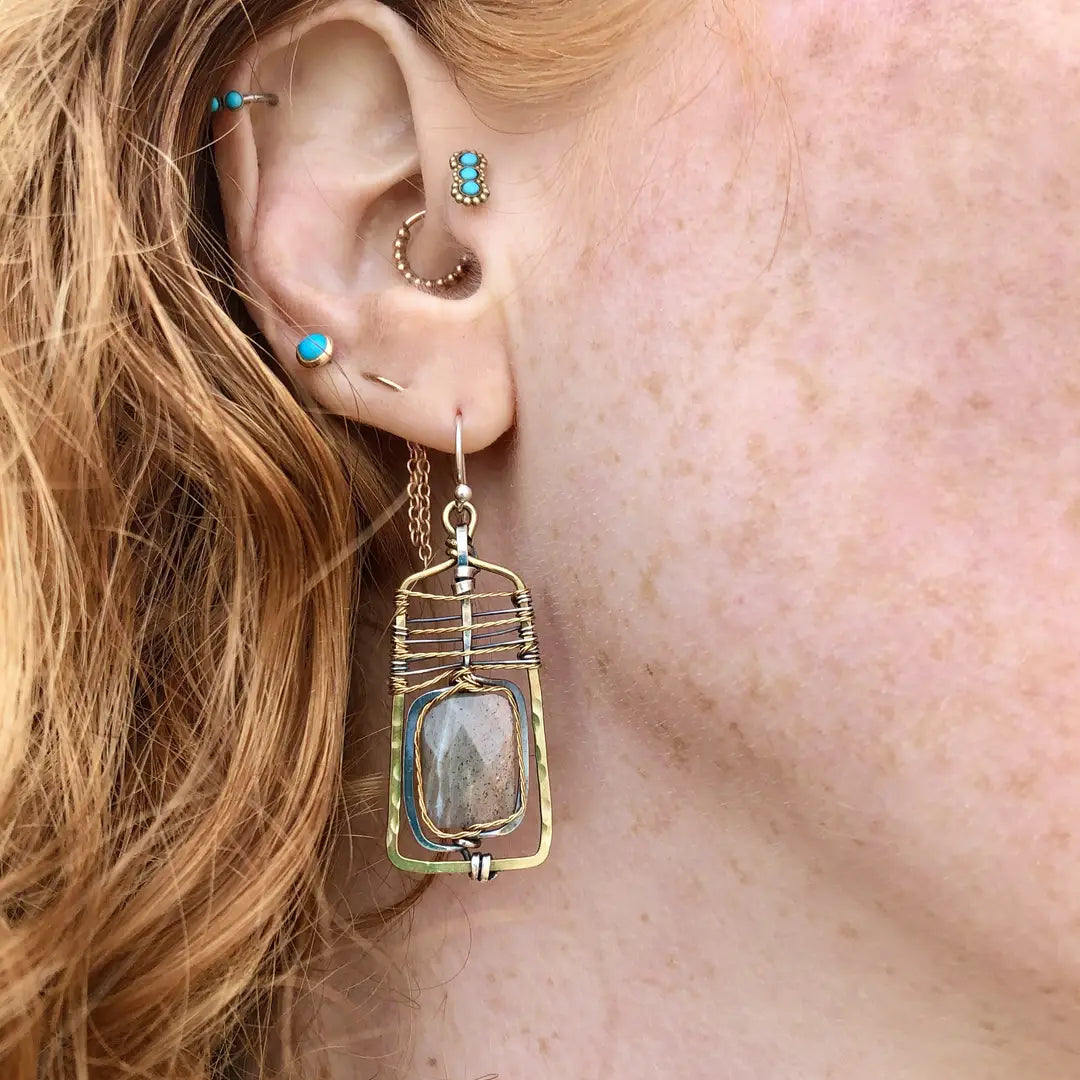 Faceted flashy labradorite rectangle gemstones are held in hammered sterling silver and brass twist wires inside a handmade brass box earring
