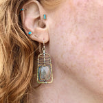 Faceted flashy labradorite rectangle gemstones are held in hammered sterling silver and brass twist wires inside a handmade brass box earring