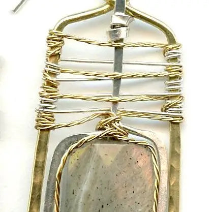 Faceted flashy labradorite rectangle gemstones are held in hammered sterling silver and brass twist wires inside a handmade brass box earring