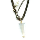 Long skinny sterling silver darkened marquise earrings embroidered with mother of pearl, fresh water pearl, and crystal gemstones on sterling silver and gold filled wire