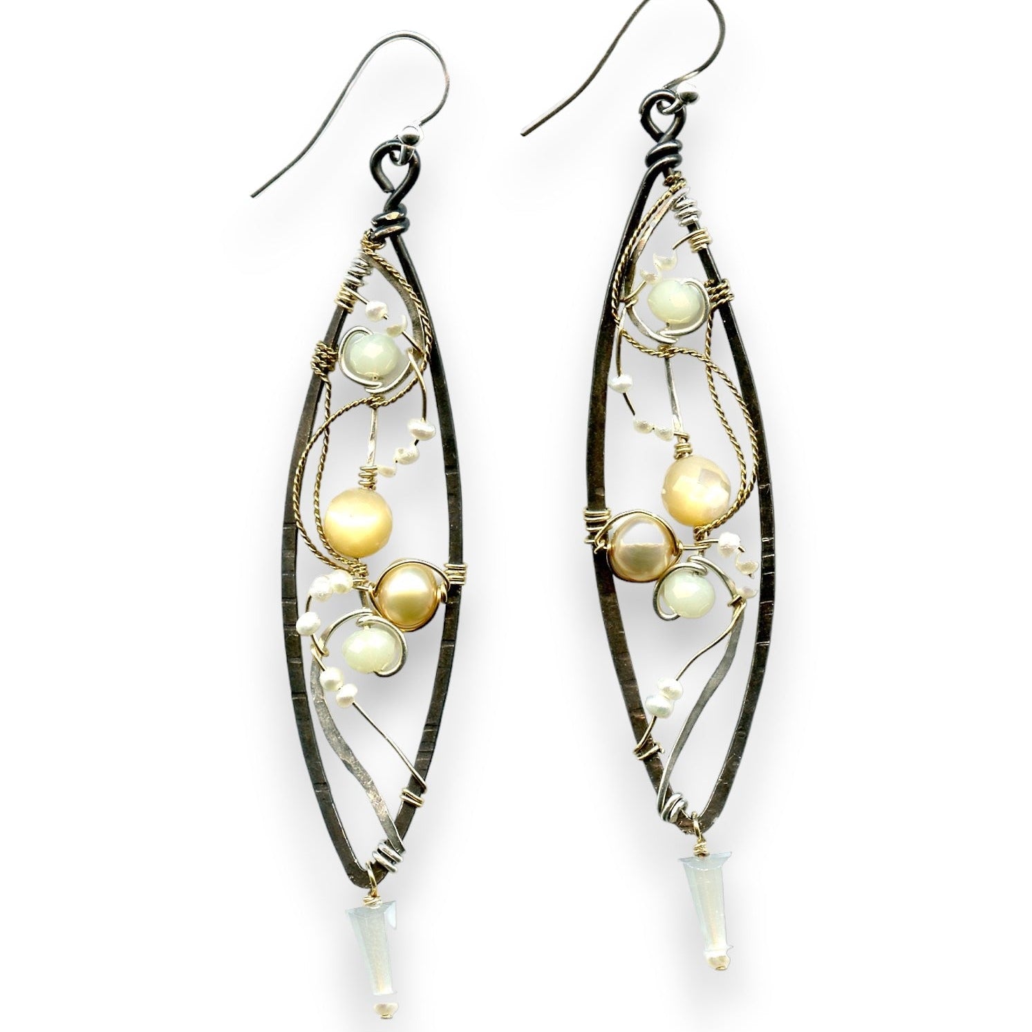 Long skinny sterling silver darkened marquise earrings embroidered with mother of pearl, fresh water pearl, and crystal gemstones on sterling silver and gold filled wire
