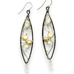 Long skinny sterling silver darkened marquise earrings embroidered with mother of pearl, fresh water pearl, and crystal gemstones on sterling silver and gold filled wire