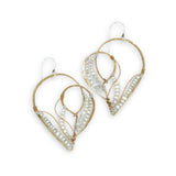 Brass heart shaped statement earring embroidered with tiny fresh water pearls and moonstone gemstones accented with brass twist wire