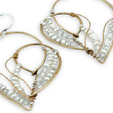 Brass heart shaped statement earring embroidered with tiny fresh water pearls and moonstone gemstones accented with brass twist wire