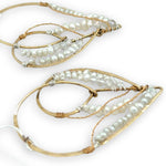 Brass heart shaped statement earring embroidered with tiny fresh water pearls and moonstone gemstones accented with brass twist wire