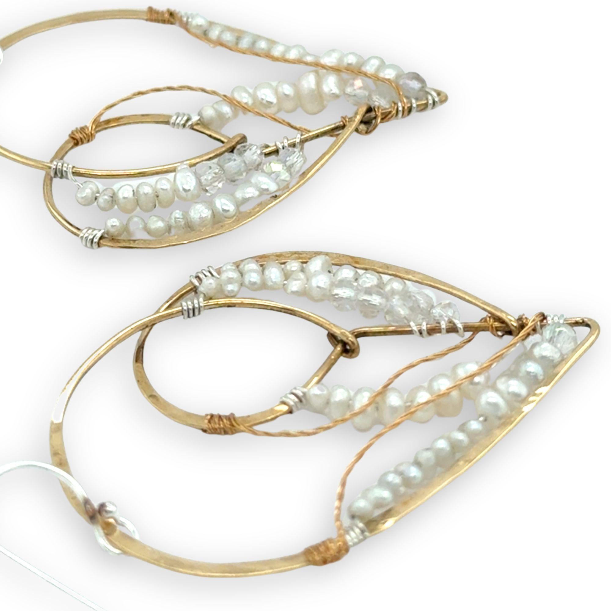 Brass heart shaped statement earring embroidered with tiny fresh water pearls and moonstone gemstones accented with brass twist wire