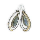 Flashy labradorite drops in layers of oxidized sterling silver twist and hammered brass wire earrings