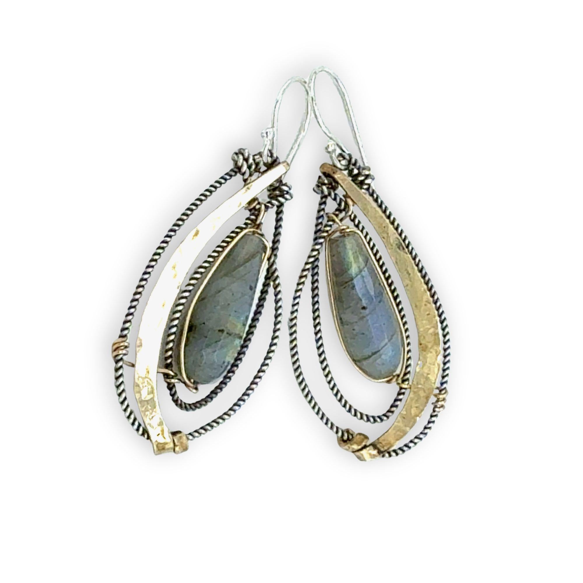 Flashy labradorite drops in layers of oxidized sterling silver twist and hammered brass wire earrings