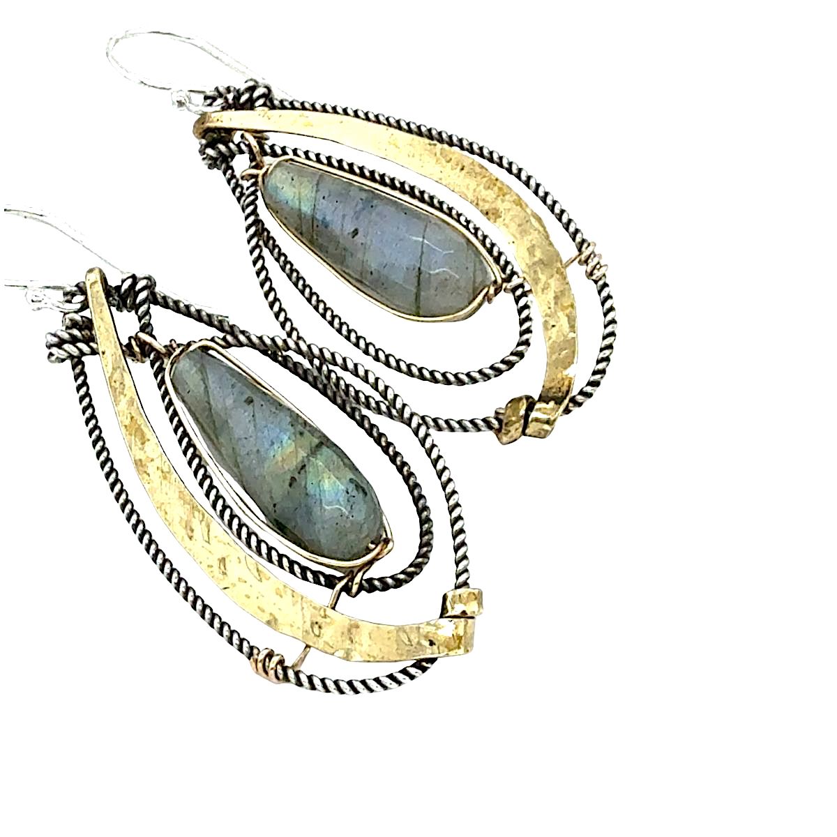 Flashy labradorite drops in layers of oxidized sterling silver twist and hammered brass wire earrings