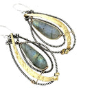 Flashy labradorite drops in layers of oxidized sterling silver twist and hammered brass wire earrings