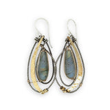 Flashy labradorite drops in layers of oxidized sterling silver twist and hammered brass wire earrings