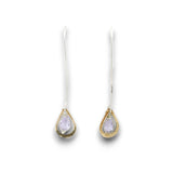 Lavender cubic zirconia drop gemstones sit inside tiny brass hammered teardrops on a long sterling silver earring hook