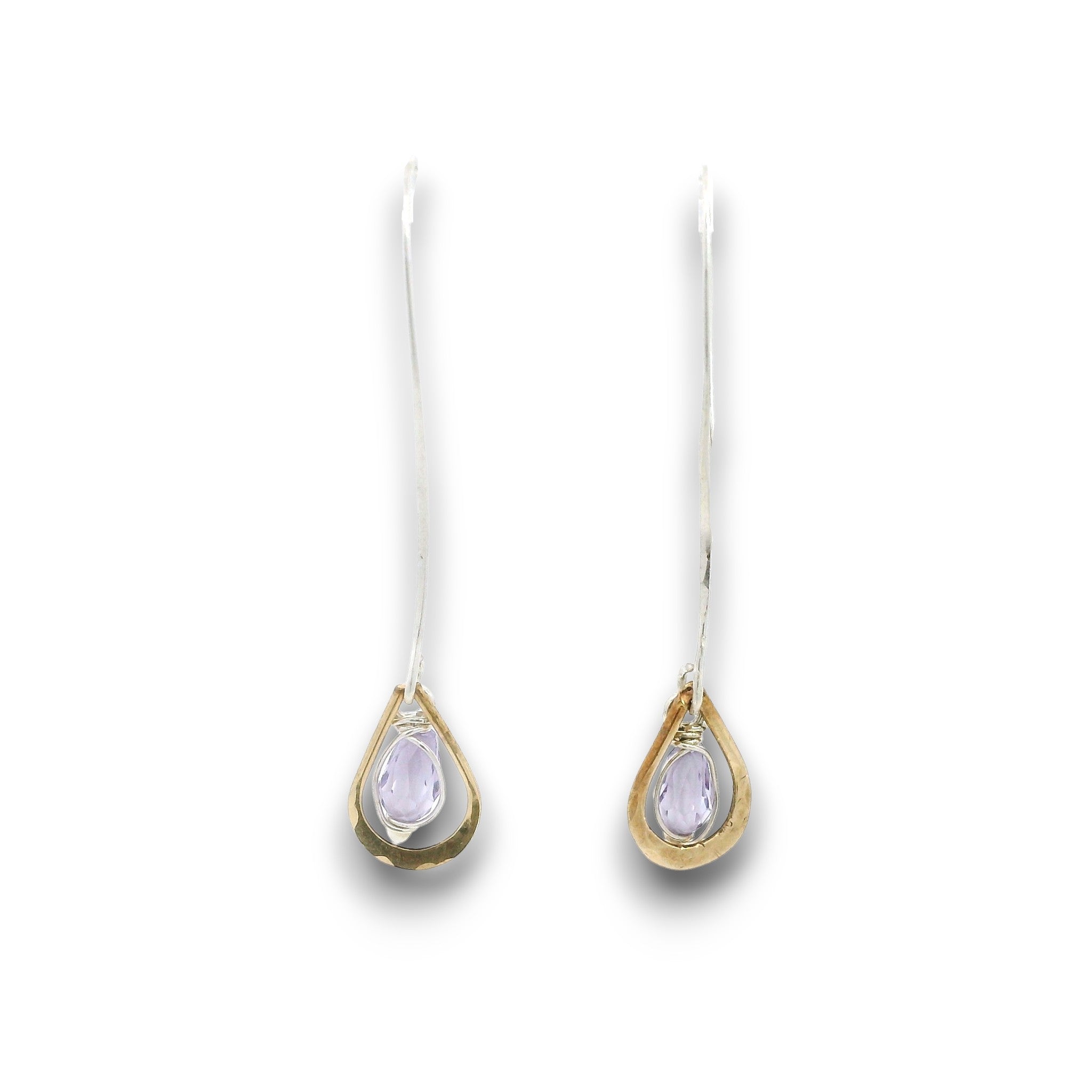 Lavender cubic zirconia drop gemstones sit inside tiny brass hammered teardrops on a long sterling silver earring hook