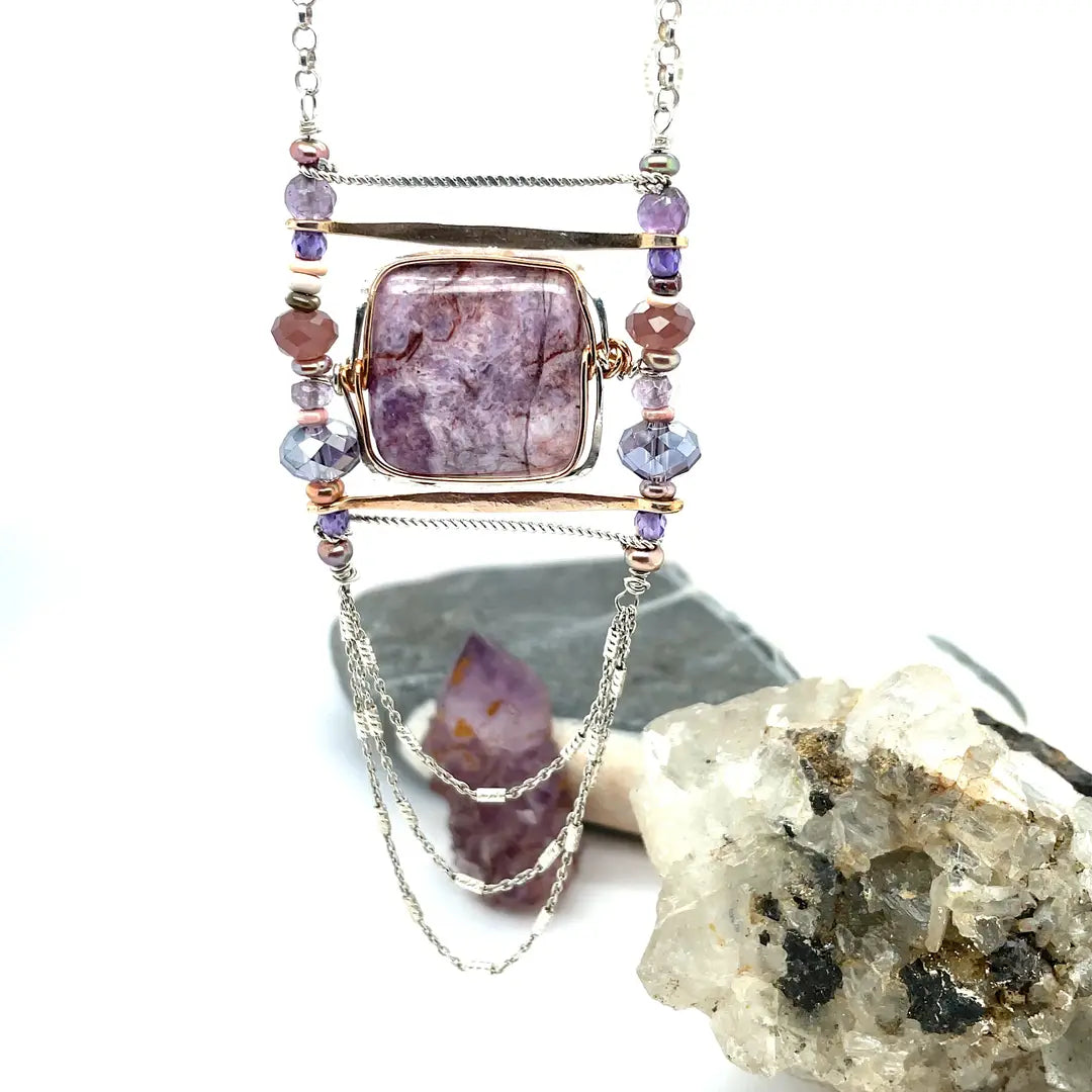 Lepidolite pendant necklace with sterling silver and bronze metals, accompanied by opal, amethyst and crystal gemstones. Dainty sterling silver sparkly chain