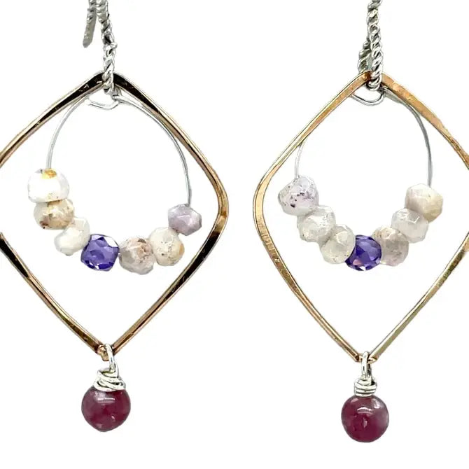 Pair of bronze earrings with lepidolite, moonstone, and lavender colored cubic zirconia