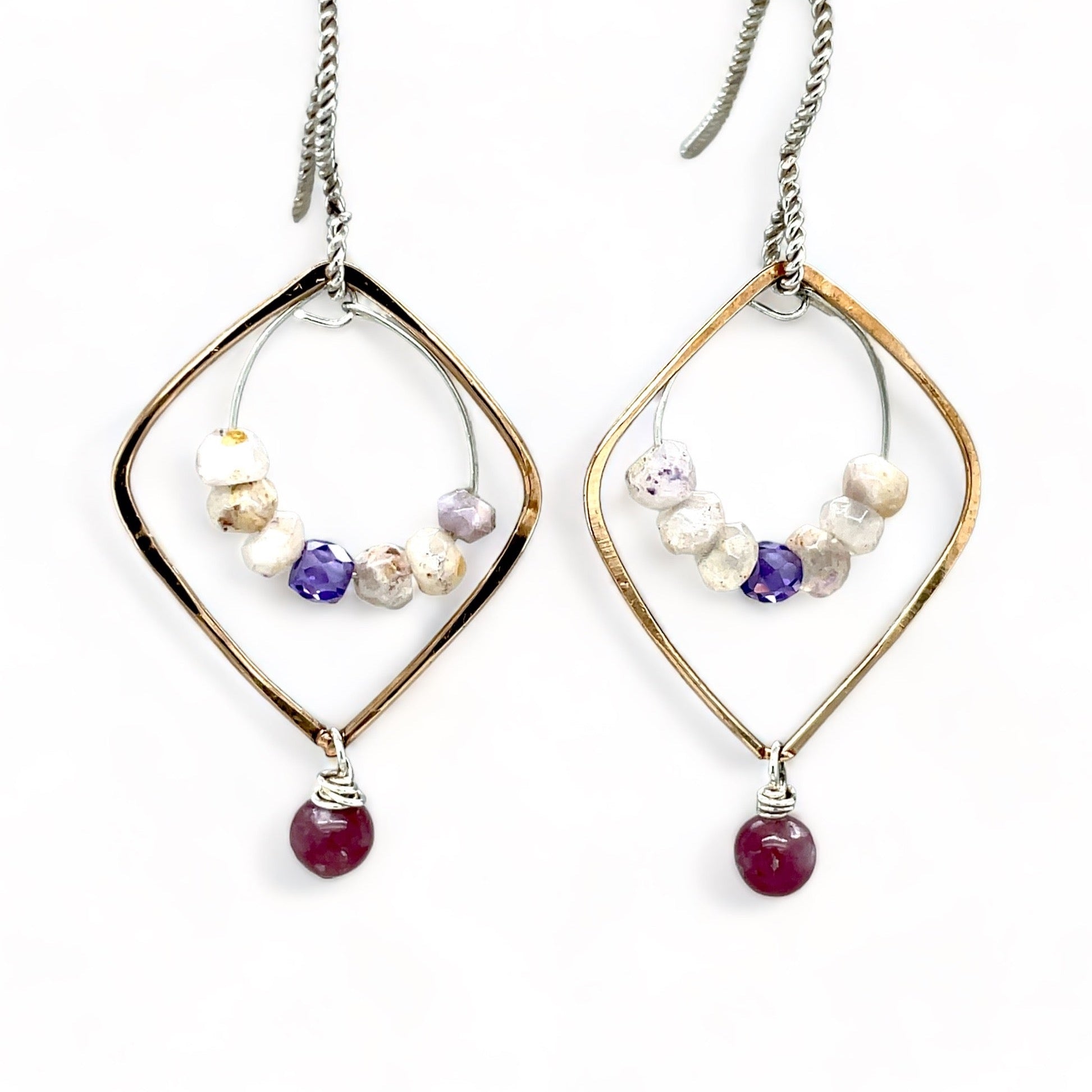 Pair of bronze earrings with lepidolite, moonstone, and lavender colored cubic zirconia