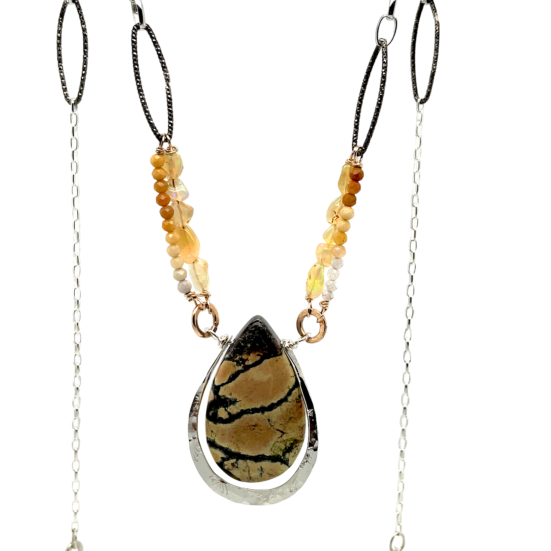 Yellow veiny jasper held in sterling silver drop pendant, with opal and mookaite gemstone accents, and darkened sterling diamond cut links necklace