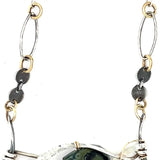 kambaba jasper, fresh water pearl. pyrite, and green kyanite gemstones are laid within layers of sterling silver and gold filled wire on a darkened sterling silver pendant necklace