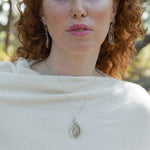 Teardrop-shaped sterling silver and brass pendatn with amethyst, labradorite, and crystal gemstones on delicate sterling silver chain