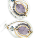 Teardrop-shaped sterling silver and brass earrings with amethyst, labradorite, and crystal gemstones 